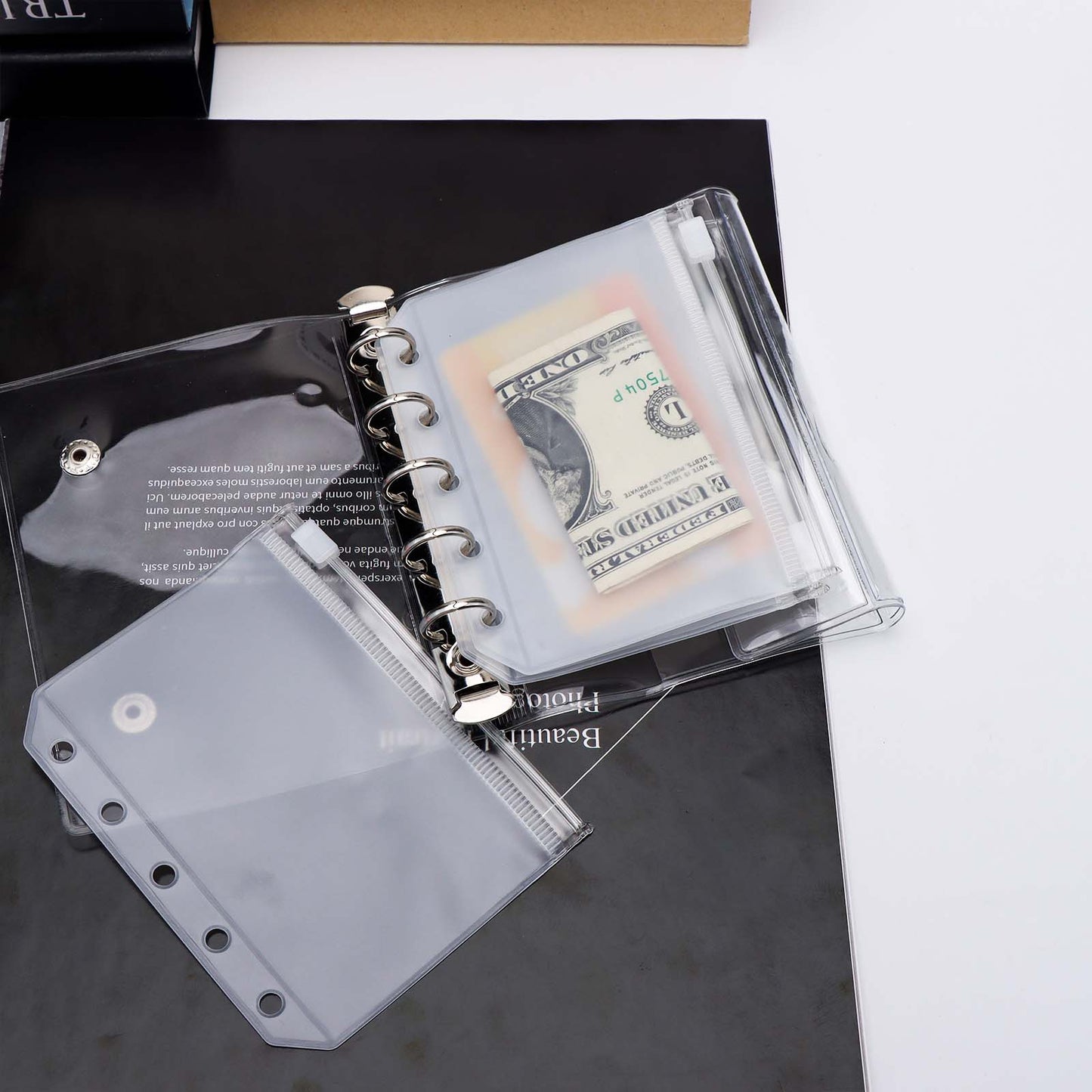 12pcs A8 Binder Pockets PVC Zipper Pouch Loose Leaf 5 Holes Binder Pouch Cash Envelopes