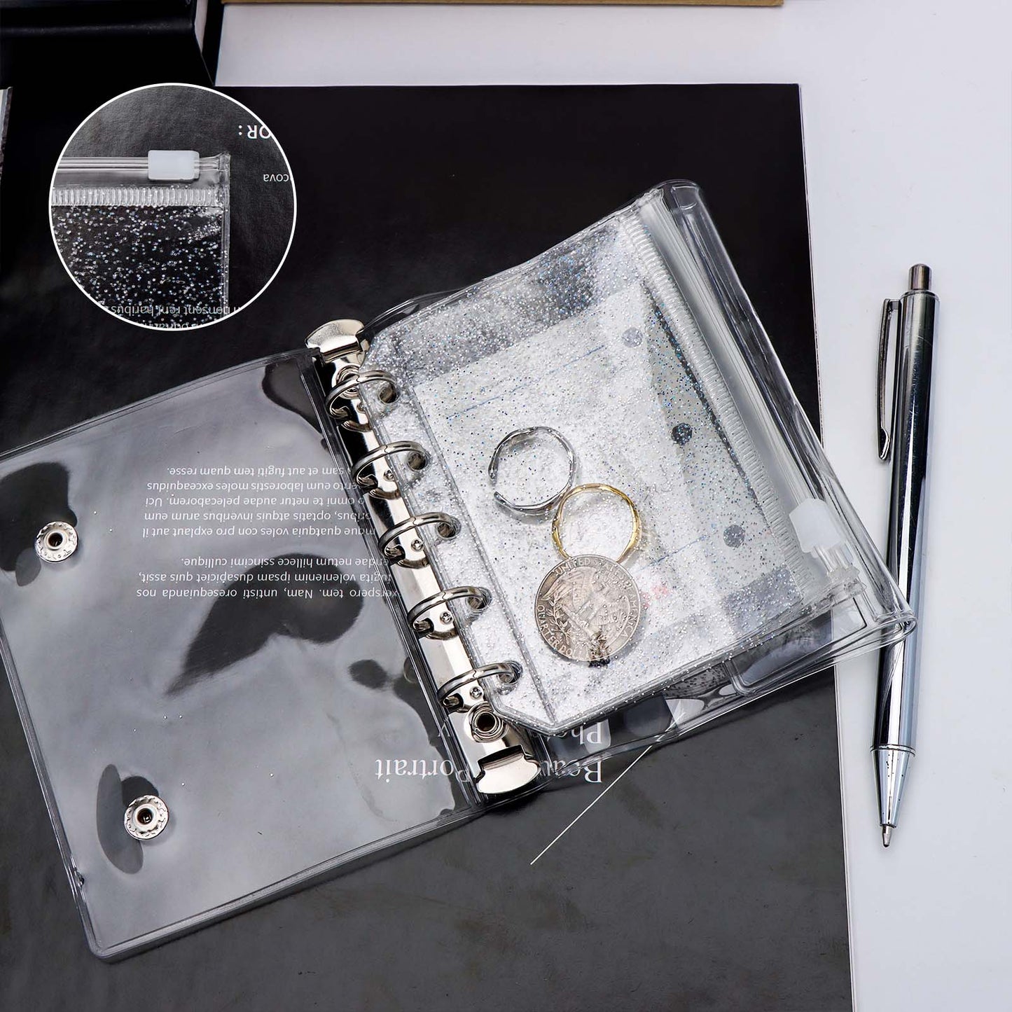 12pcs A8 Binder Pockets PVC Zipper Pouch Loose Leaf 5 Holes Binder Pouch Cash Envelopes