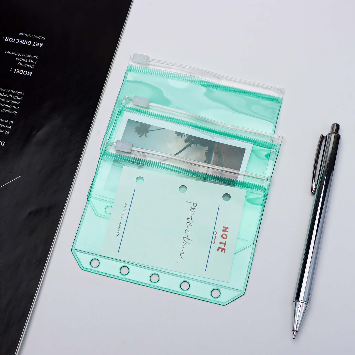 12pcs A8 Binder Pockets PVC Zipper Pouch Loose Leaf 5 Holes Binder Pouch Cash Envelopes