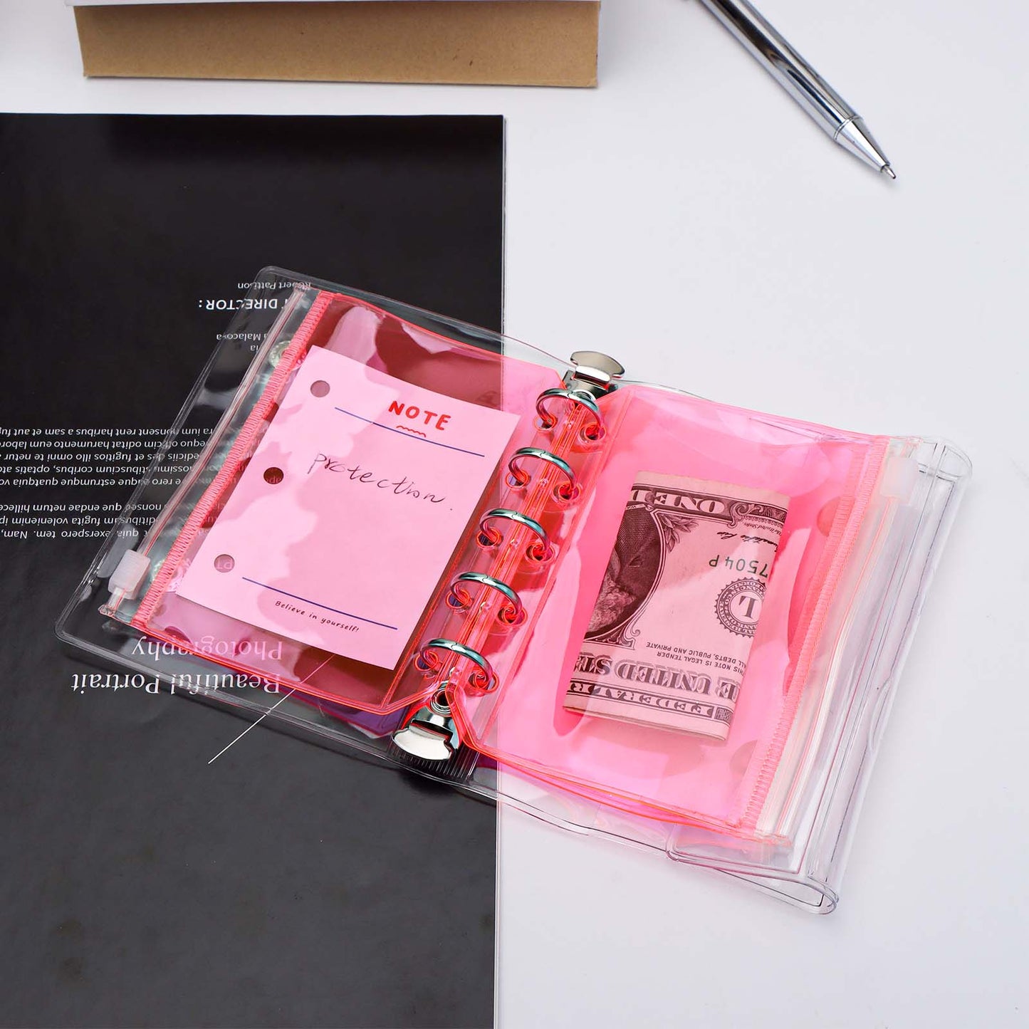 12pcs A8 Binder Pockets PVC Zipper Pouch Loose Leaf 5 Holes Binder Pouch Cash Envelopes