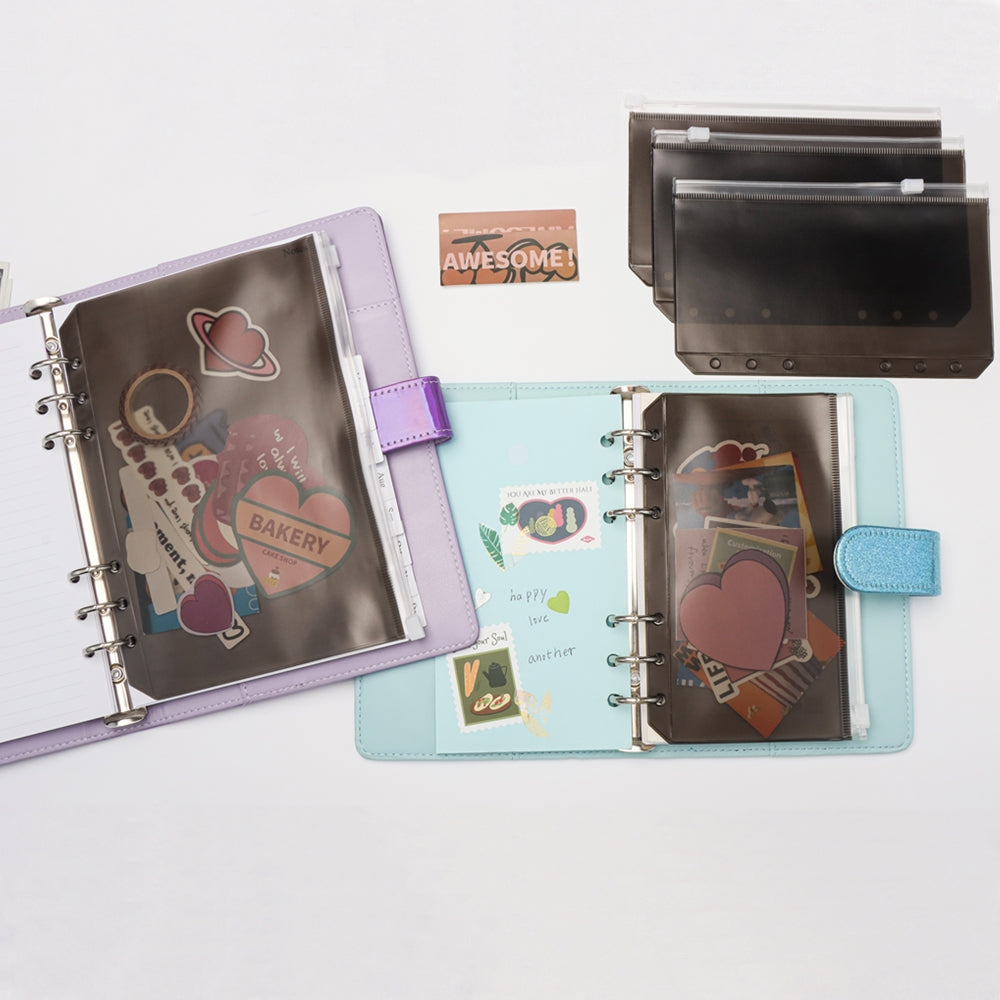 A5 A6 Binder Pocket Black Zipper Cash Envelopes 12pcs Money Organizer Document Filling Bags