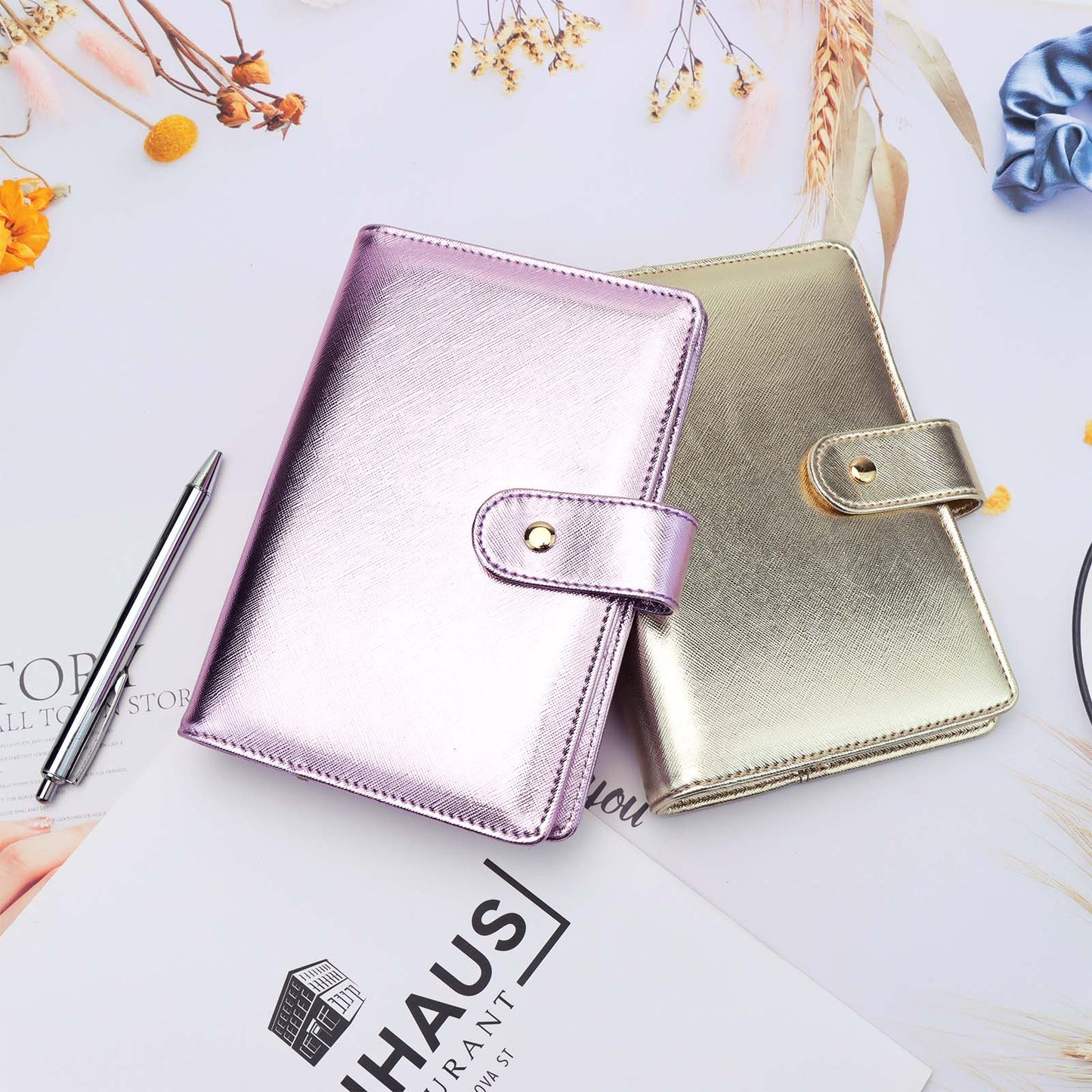 A6 Budget Binder PU Leather 6 Ring Binder Cover Refillable Notebook Shell with Snap Button Closure Card Slots