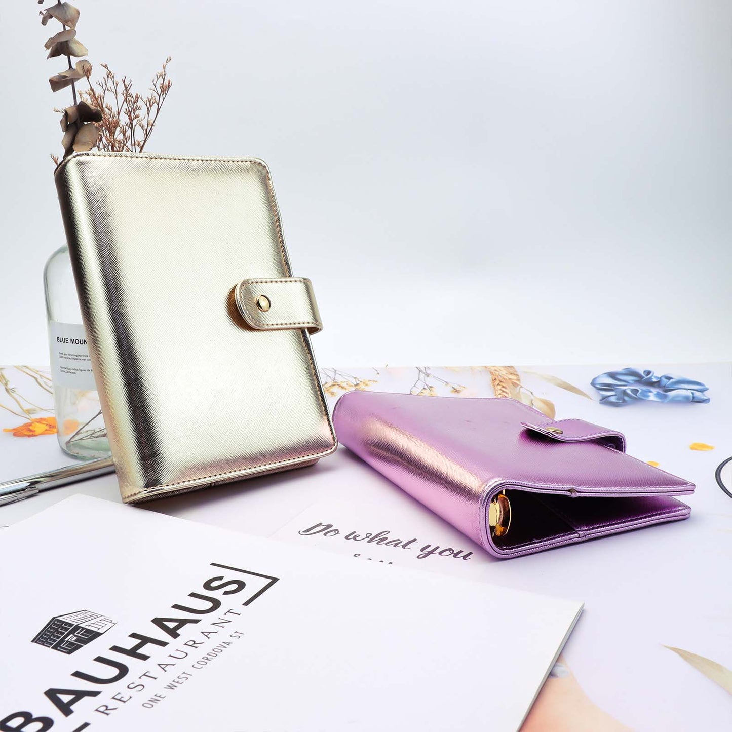 A6 Budget Binder PU Leather 6 Ring Binder Cover Refillable Notebook Shell with Snap Button Closure Card Slots