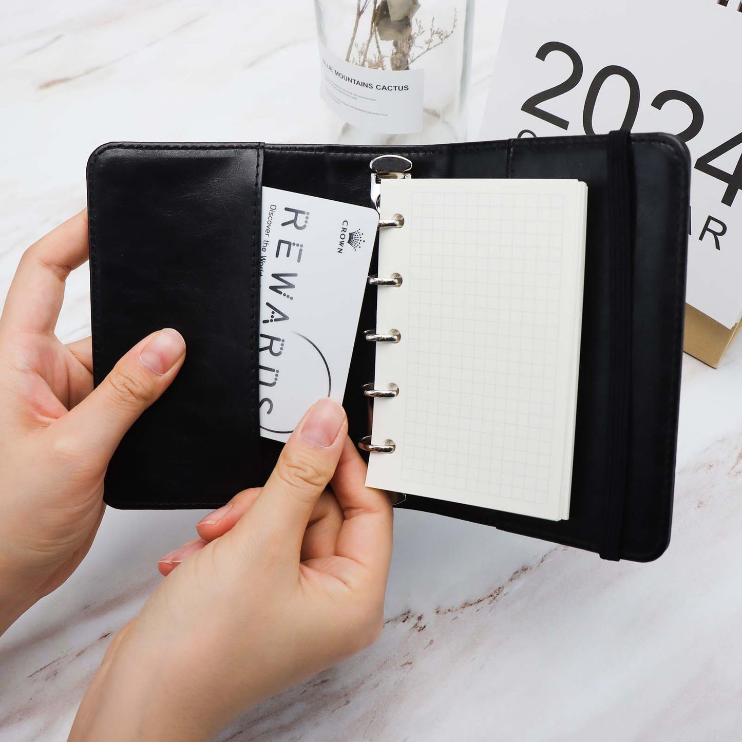 A8 PU Leather Notebook Loose Leaf 5 Ring Binder with 80 Sheets Grid Papers Refills Refillable Notebook with Bandage Design