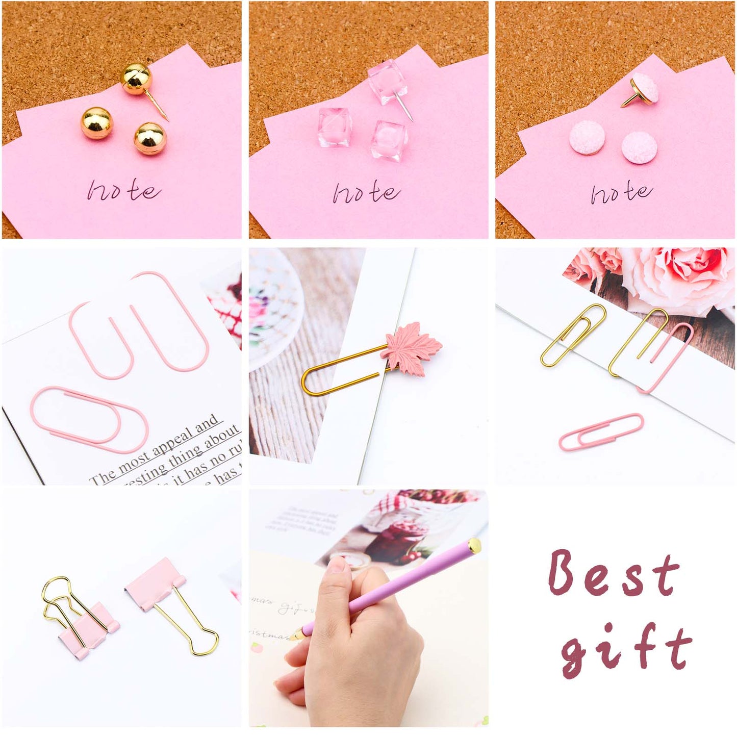 Paper Clips Binder Clips Push Pins Pen Set with Clear Acrylic Holder, Assorted Sizes Office Supplies Cute Stationery Set for Desk Organizer