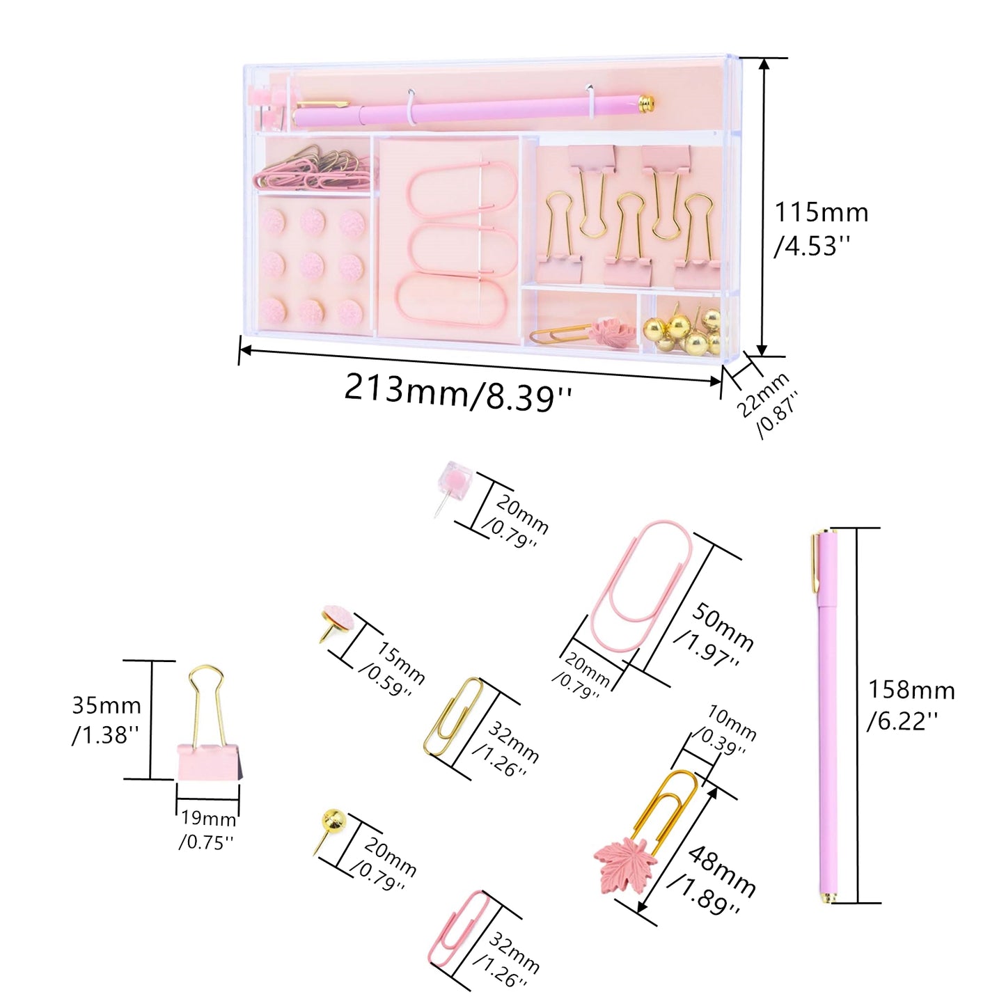 Paper Clips Binder Clips Push Pins Pen Set with Clear Acrylic Holder, Assorted Sizes Office Supplies Cute Stationery Set for Desk Organizer
