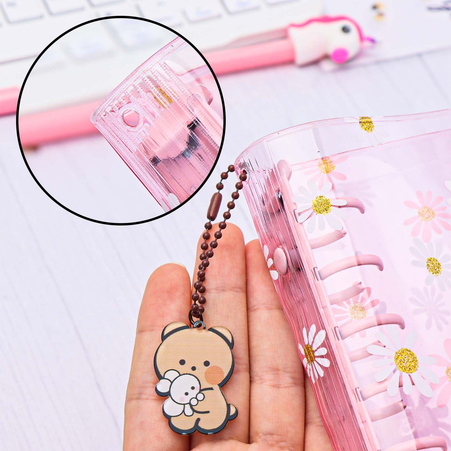 A7 Binder with Double Snap Button Cute Daisy PVC Binder Cover Loose Leaf 6 Ring Refillable Notebook Cover