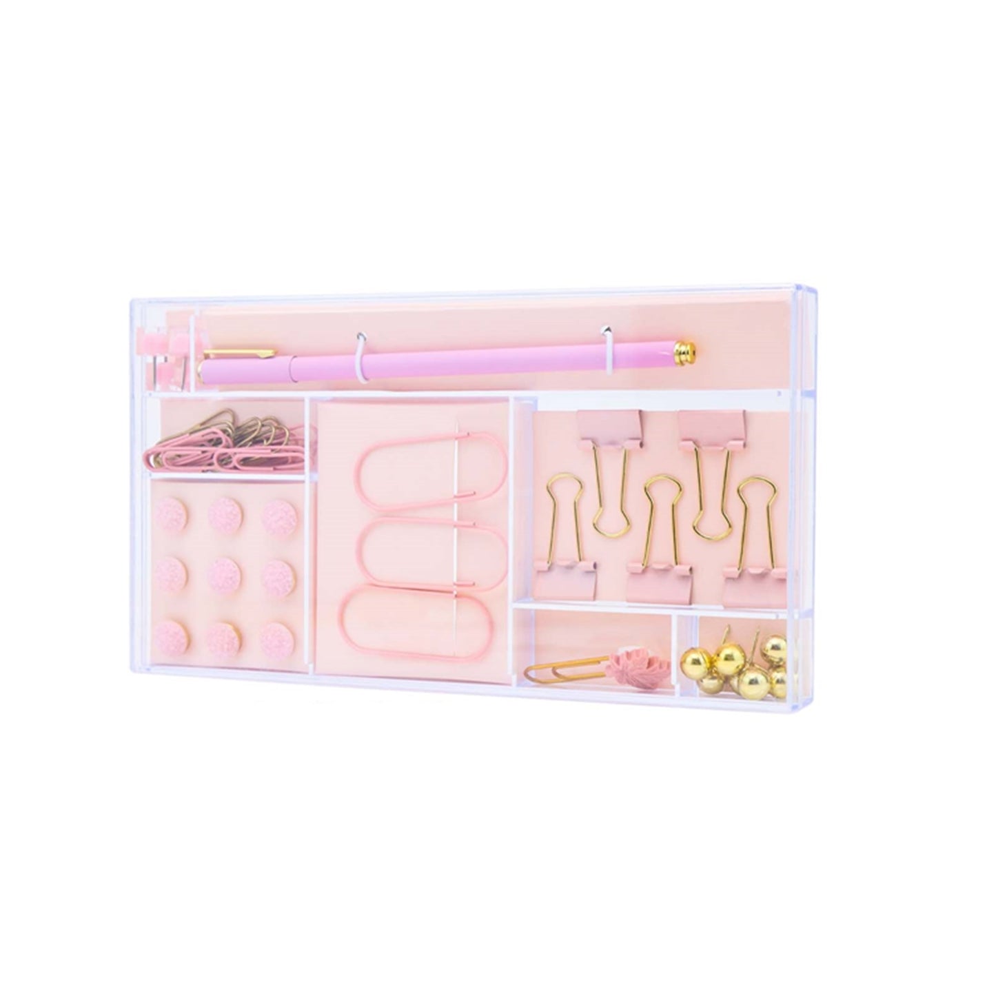 Paper Clips Binder Clips Push Pins Pen Set with Clear Acrylic Holder, Assorted Sizes Office Supplies Cute Stationery Set for Desk Organizer