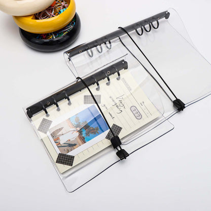 A5 A6 Clear Binder Cover with Bandage Thick PVC Black 6 Ring Loose Leaf Binder Refillable Notebook Shell