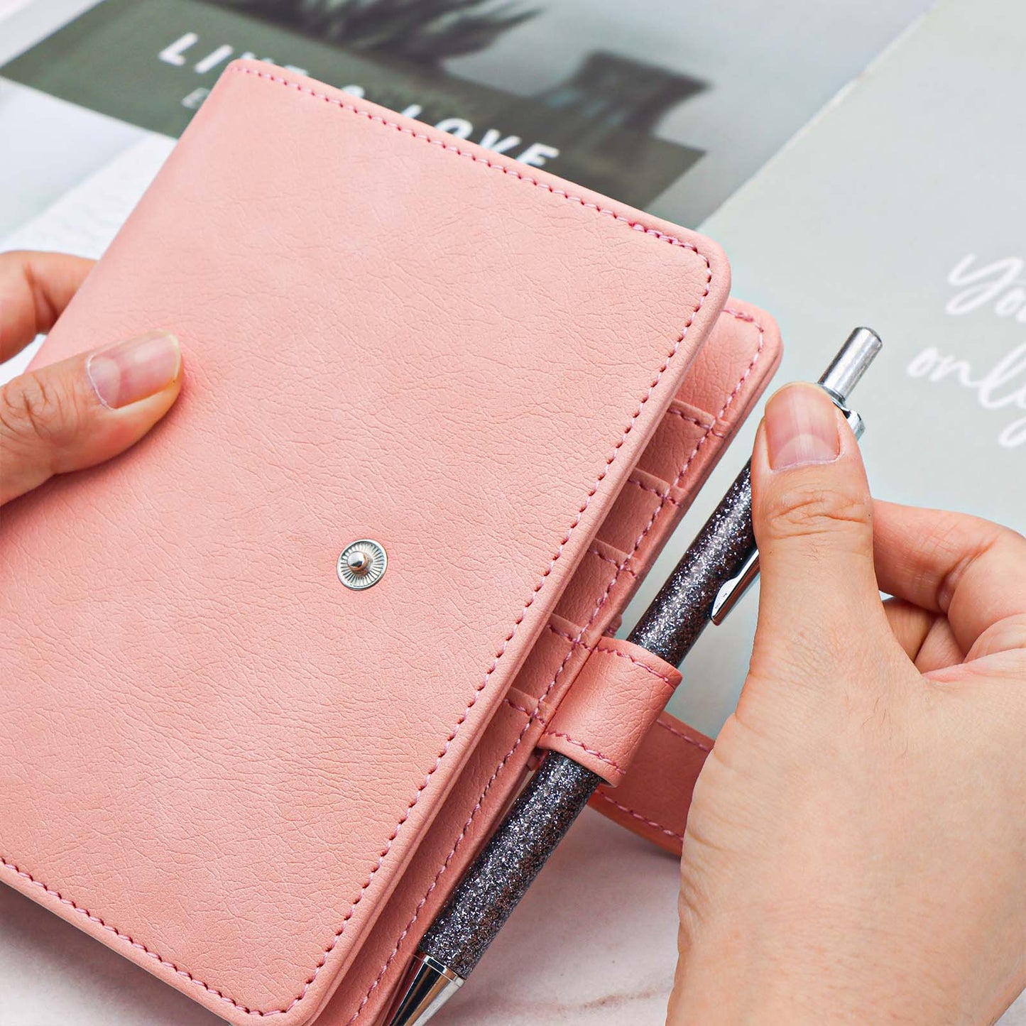 A7 Budget Binder PU Leather Cash Stuffing Binder Loose Leaf 6 Ring Binder Wallet with Snap Button