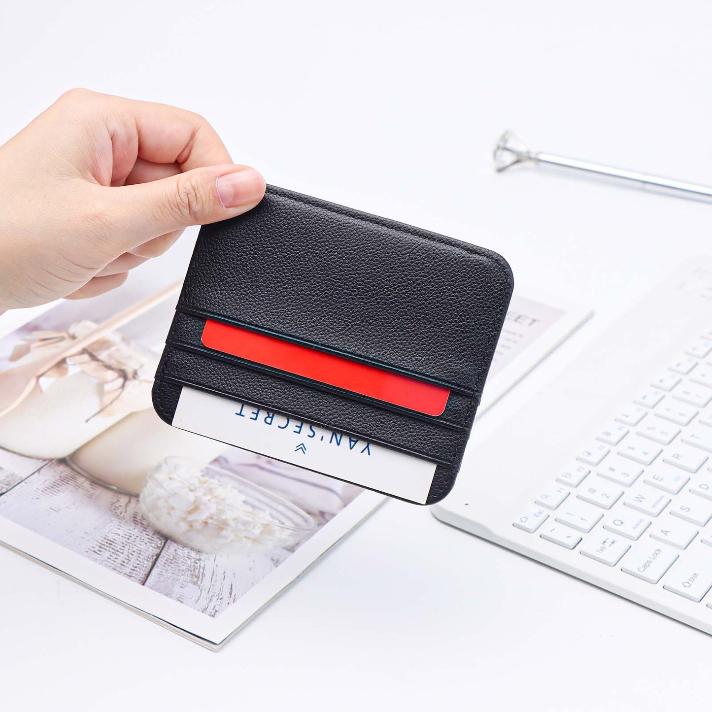 1pc Credit Card Holder Wallet PU Leather Slim Wallet Credit Card Case with 1 Pocket and 6 Card Slots