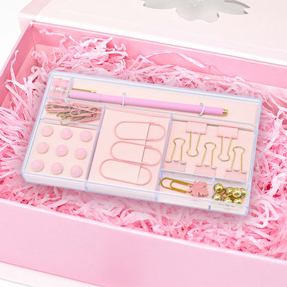Paper Clips Binder Clips Push Pins Pen Set with Clear Acrylic Holder, Assorted Sizes Office Supplies Cute Stationery Set for Desk Organizer